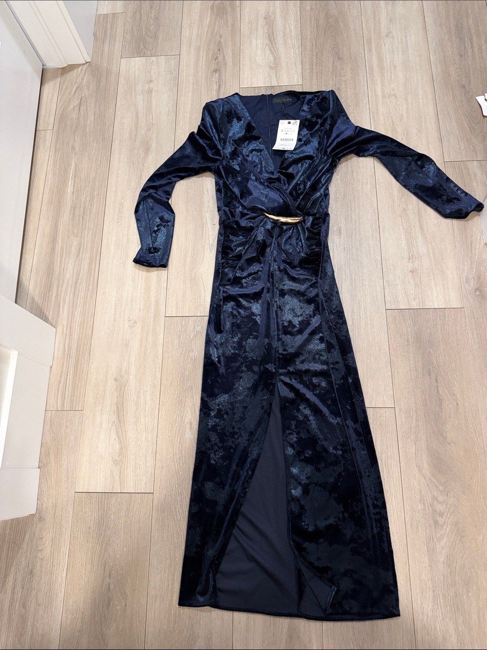 Zara Navy Blue Velvet Long-Sleeve Wrap Maxi Dress